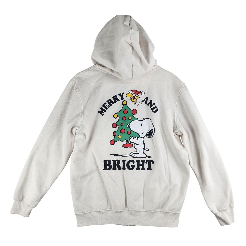 Peanuts Snoopy Christmas Full Zip Hoodie Merry and Bright Mens Medium Cream